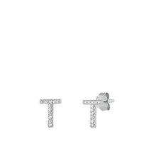 Load image into Gallery viewer, Sterling Silver Rhodium Plated Initial T CZ Earrings