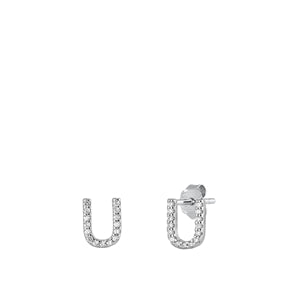 Sterling Silver Rhodium Plated Initial U CZ Earrings