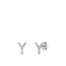 Load image into Gallery viewer, Sterling Silver Rhodium Plated Initial Y CZ Earrings