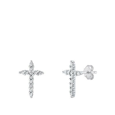 Sterling Silver Rhodium Plated Cross Clear CZ Earrings-15mm