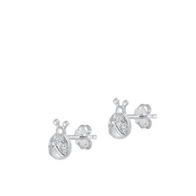 Load image into Gallery viewer, Sterling Silver Rhodium Plated Ladybug Clear CZ Earrings