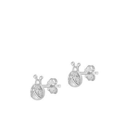 Sterling Silver Rhodium Plated Ladybug Clear CZ Earrings