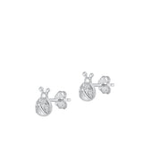 Sterling Silver Rhodium Plated Ladybug Clear CZ Earrings