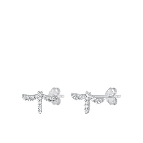 Sterling Silver Rhodium Plated Clear CZ Dragonfly Earrings