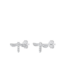 Load image into Gallery viewer, Sterling Silver Rhodium Plated Clear CZ Dragonfly Earrings