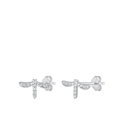 Sterling Silver Rhodium Plated Clear CZ Dragonfly Earrings