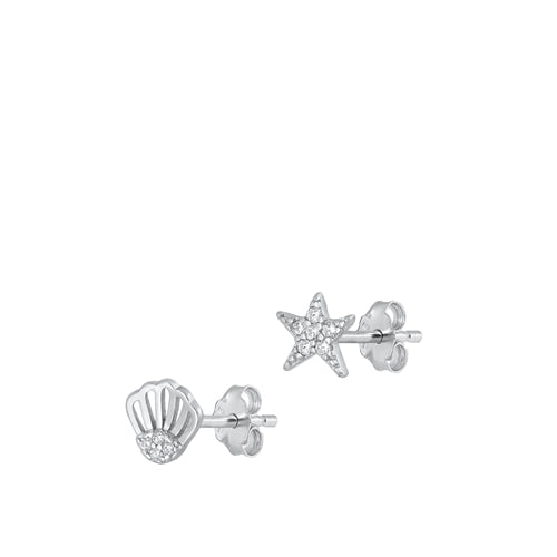 Sterling Silver Rhodium Plated Shell And Star Clear CZ Earrings
