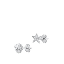 Load image into Gallery viewer, Sterling Silver Rhodium Plated Shell And Star Clear CZ Earrings