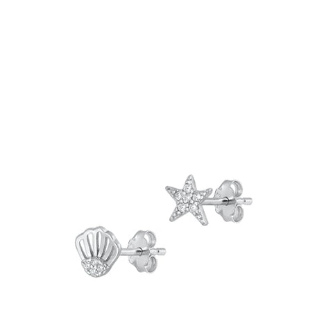 Sterling Silver Rhodium Plated Shell And Star Clear CZ Earrings