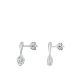 Sterling Silver Rhodium Plated Spoon And Fork Clear CZ Earrings
