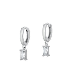 Sterling Silver Rhodium Plated Hoop With Rectangular Charm Clear CZ Earrings