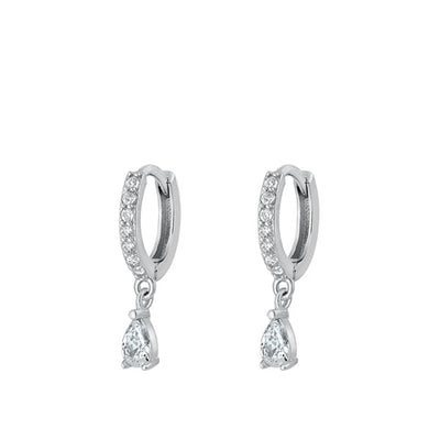 Sterling Silver Rhodium Plated Hoop With Charm Clear CZ Earrings-6.2mm