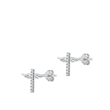 Load image into Gallery viewer, Sterling Silver Rhodium Plated Winged Cross Clear CZ Earrings