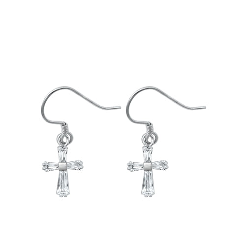 Sterling Silver Rhodium Plated Cross Clear CZ Earrings-8.9mm