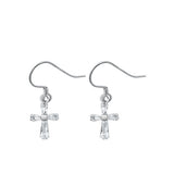 Sterling Silver Rhodium Plated Cross Clear CZ Earrings-8.9mm