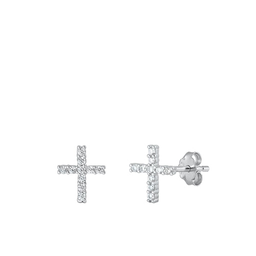 Sterling Silver Rhodium Plated Cross Clear CZ Earrings