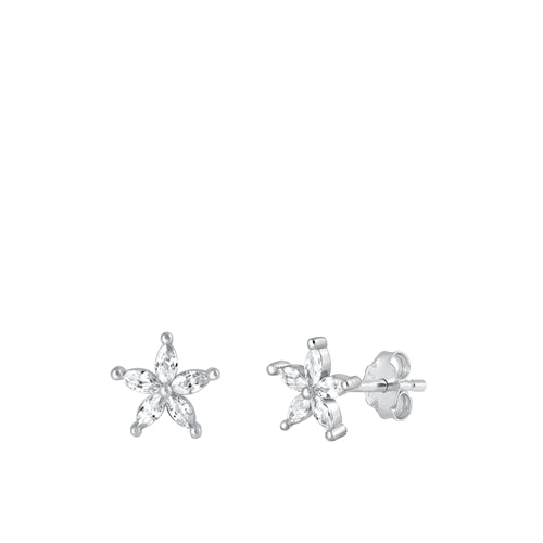 Sterling Silver Rhodium Plated Flower Clear CZ Earrings-7mm