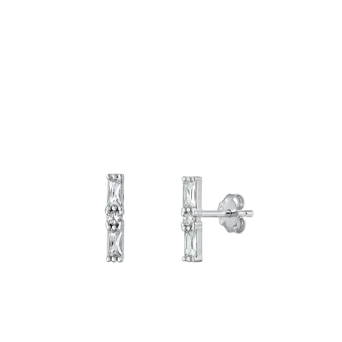 Sterling Silver Rhodium Plated Bar Clear CZ Earrings