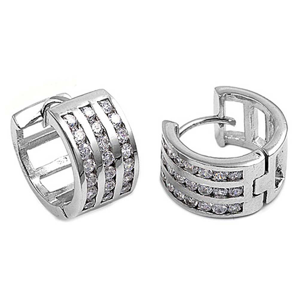 Sterling Silver Classy Huggie Hoop Earring Three Row Channel Set with Clear CzsAnd Earring Height of 16MM and Thickness of 9MM