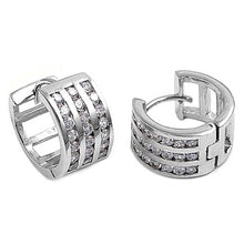 Load image into Gallery viewer, Sterling Silver Classy Huggie Hoop Earring Three Row Channel Set with Clear CzsAnd Earring Height of 16MM and Thickness of 9MM