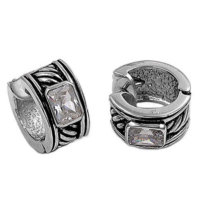 Sterling Silver Vintage Style Huggie Hoop Earring with Emerald Cut Clear Cz on CenterAnd Earring Height of 16MM and Thickness of 9MM