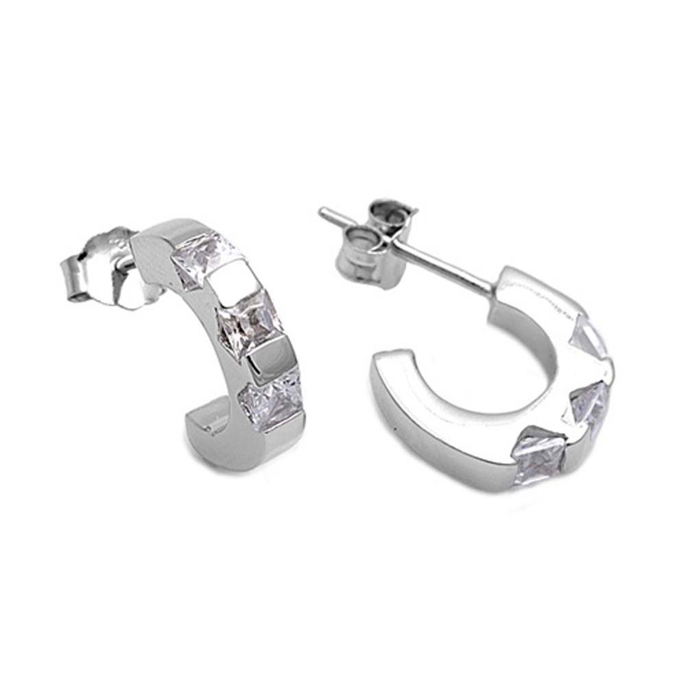 Sterling Silver Fancy Studded Half Hoop Earring Set with Pincess Cut Clear CzAnd Earring Height of 14MM and Thickness of 3MM