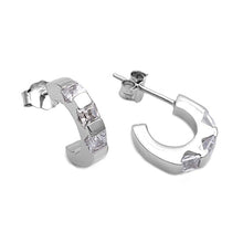 Load image into Gallery viewer, Sterling Silver Fancy Studded Half Hoop Earring Set with Pincess Cut Clear CzAnd Earring Height of 14MM and Thickness of 3MM