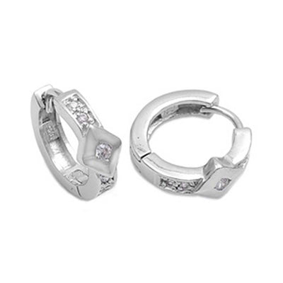 Sterling Silver Fancy Huggie Hoop Earring with Clear Czs Inlaid and Diamond Shape with Single Cz on CenterAnd Earring Height of 14MM and Thickness of 3MM