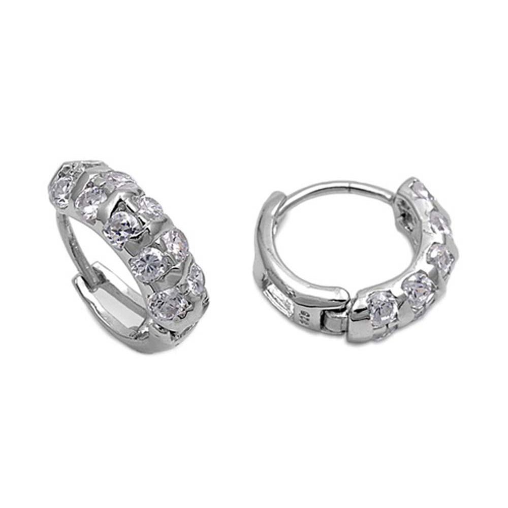 Sterling Silver Classy Huggie Hoop Earring with Round Clear Czs InlaidAnd Earring Height of 14MM and Thickness of 5MM