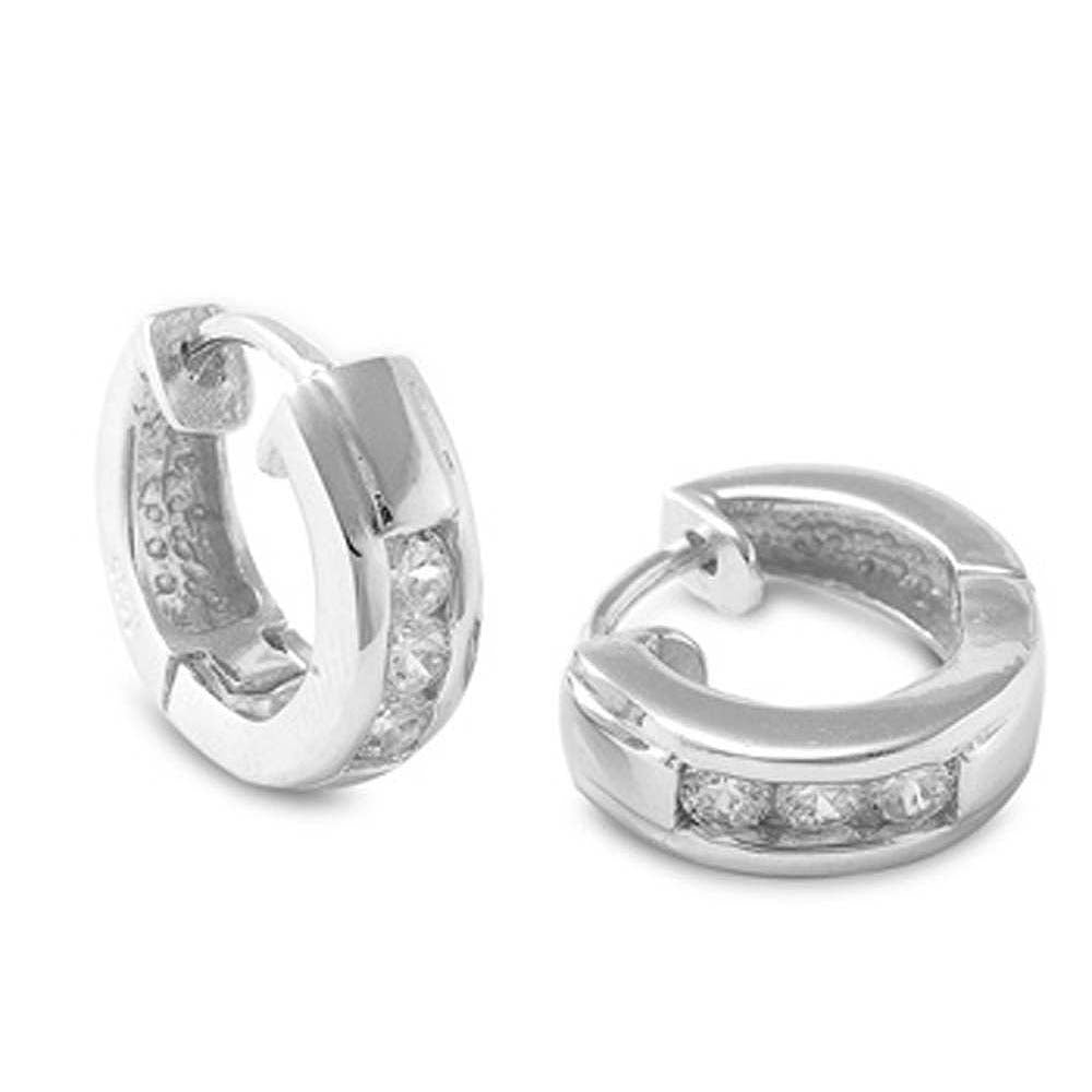 Sterling Silver Stylish Huggie Hoop Earring Set with Three Round Clear CzsAnd Earring Height of 15MM and Thickness of 3MM