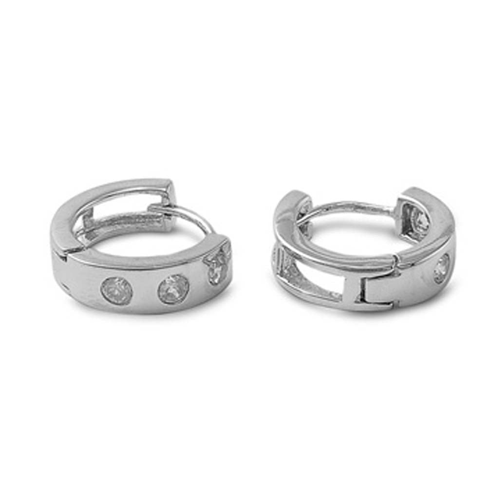 Sterling Silver Round Shaped With Micropave Cubic Zirconia Huggie Hoop EarringsAnd Height 15mm