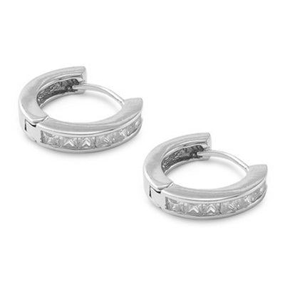 Sterling Silver U Shaped Huggie Hoop Earring with Princess Cut Clear CzAnd Earring Height of 17MM