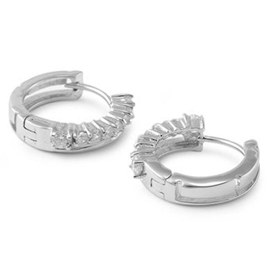 Sterling Silver Fancy Huggie Earring Prong Set with Round Clear CzsAnd Earring Height of 17MM