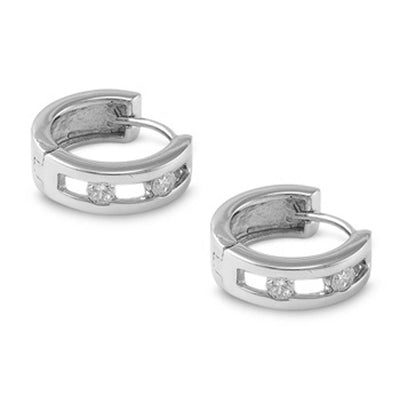 Sterling Silver Fancy Huggie Hoop Earring with Two Round Clear CzsAnd Earring Height of 15MM