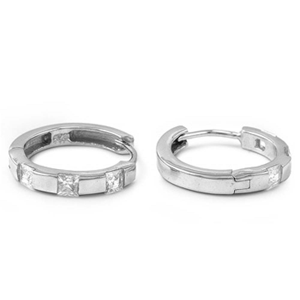 Sterling Silver Classy Huggie Hoop Earring Set with Three Princess Cut Clear CzAnd Earring Height of 16MM