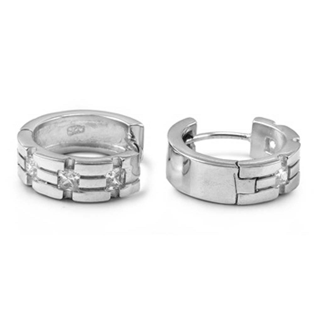 Sterling Silver Fancy Huggie Hoop Earring Bricks Design with Clear Cz in BetweenAnd Earring Height of 17MM