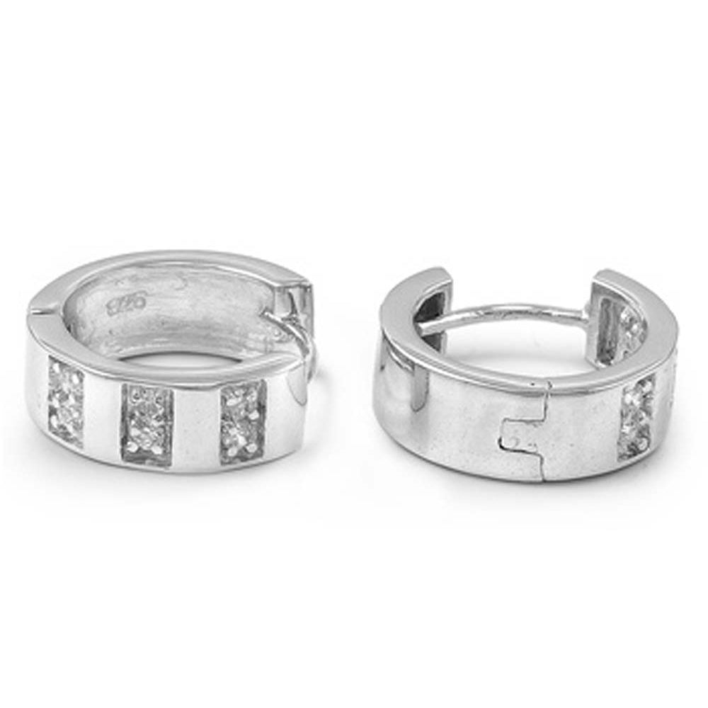 Sterling Silver Classy Huggie Hoop Earring with Three Bars Inlaid with Clear CzsAnd Earring Height of 15MM