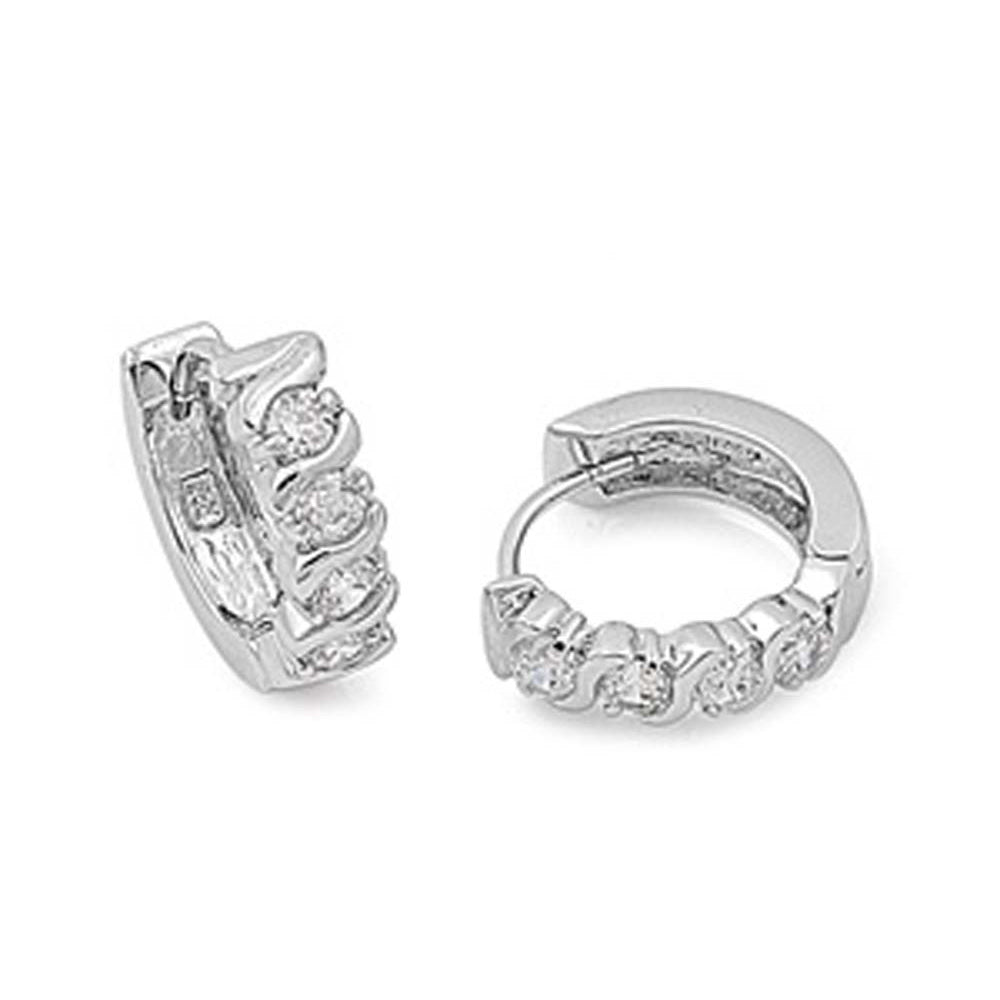 Sterling Silver Fancy Huggie Hoop Earring with Round Cut Clear CzsAnd Earring Height of 4MM