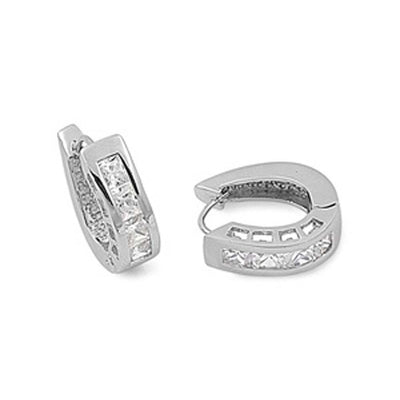Sterling Silver U Shaped Huggie Hoop Earring with Princess Cut Clear CzAnd Earring Height of 6MM