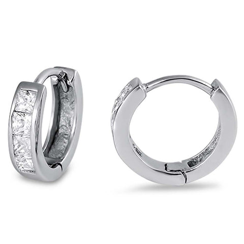 Sterling Silver Round Shaped Inline Square Cubic Zirconia Huggie Hoop EarringsAnd Dimensions 11 x 10mm