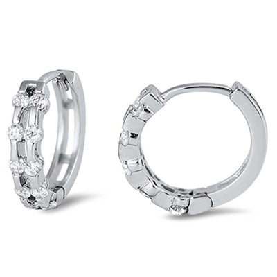 Sterling Silver Fancy Huggie Hoop Earring with Round Clear Czs EdgeAnd Earring Diameter of 3x12MM