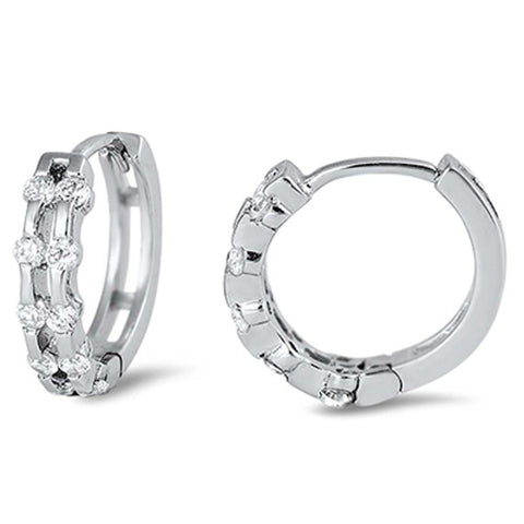 Sterling Silver Fancy Huggie Hoop Earring with Round Clear Czs EdgeAnd Earring Diameter of 3x12MM