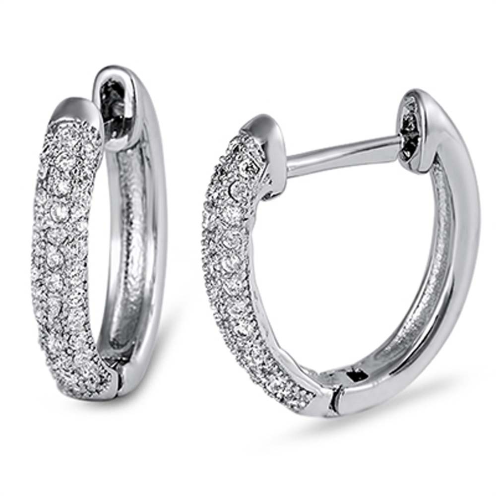 Sterling Silver Classy Huggie Hoop Earring with One Side Pave Clear CzsAnd Earring Diameter of 3x15MM