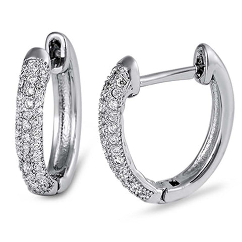 Sterling Silver Classy Huggie Hoop Earring with One Side Pave Clear CzsAnd Earring Diameter of 3x15MM