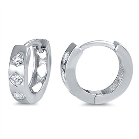 Sterling Silver Thick Round Shaped With Cubic Zirconia Huggie Hoop EarringsAnd Dimensions 12 x 13mm