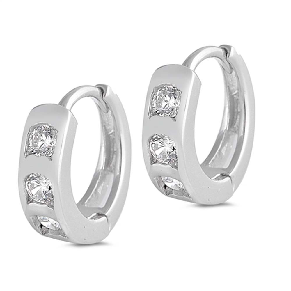 Sterling Silver Thick Round Shaped With Cubic Zirconia Huggie Hoop EarringsAnd Dimensions 11 x 11mm