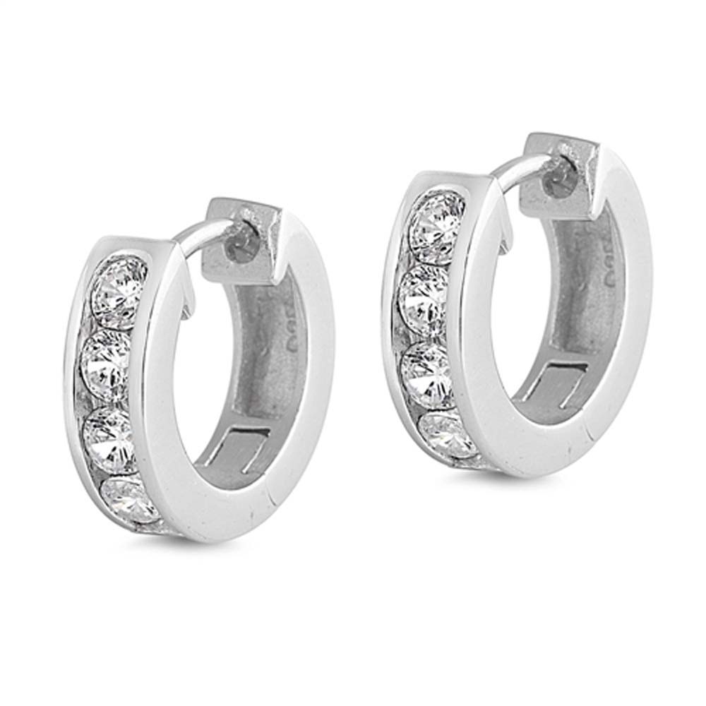 Sterling Silver Thick Round Shaped With Cubic Zirconia Huggie Hoop EarringsAnd Dimensions 12 x 12mm