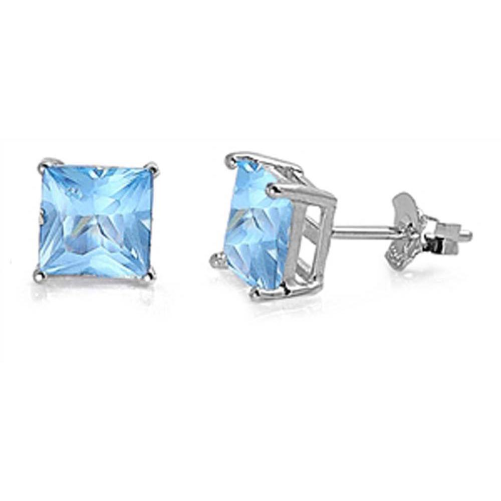 Sterling Silver Rhodium Plated Princess Cut Cz Stud Earring Set on Basket Prong Setting with Friction Back Post-6mm