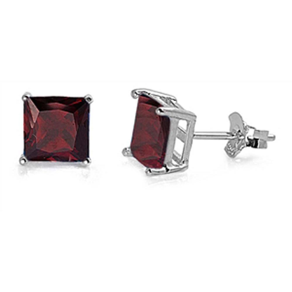 Sterling Silver Rhodium Plated 9mm Princess Cut Cz Stud Earring Set on Basket Prong Setting with Friction Back Post