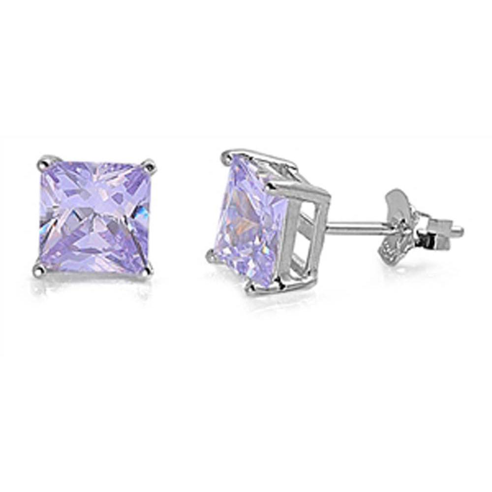 Sterling Silver Rhodium Plated Princess Cut Cz Stud Earring Set on Basket Prong Setting with Friction Back Post-7mm